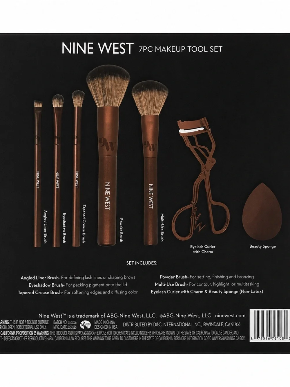 Nine West 7PC Makeup Tool Set Brushes Beauty Sponge Eyelash Curler New in Box